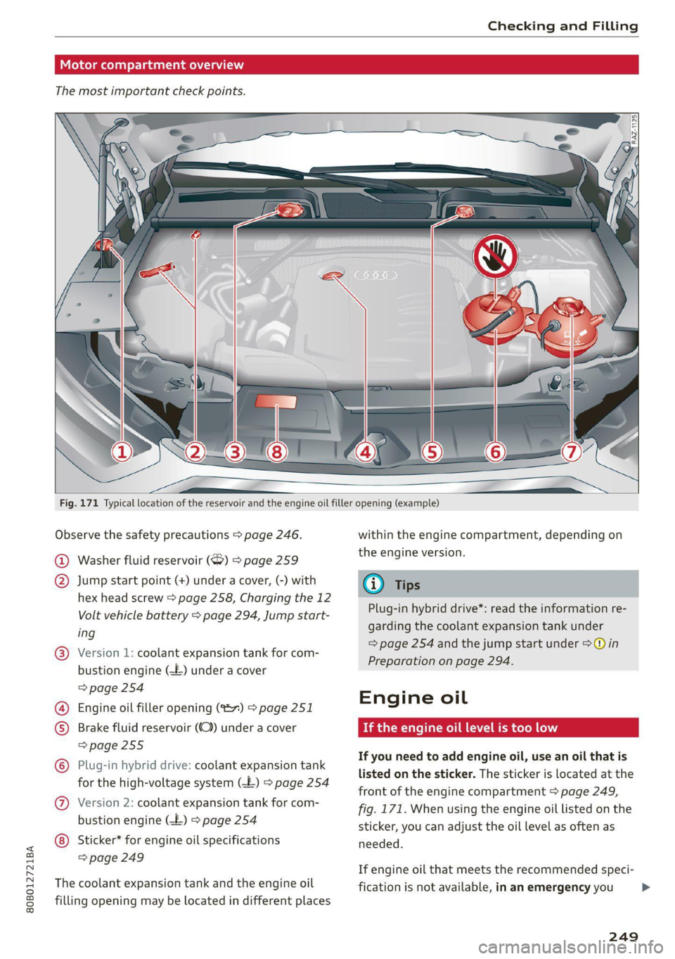 AUDI Q5 2021 Owner´s Manual 80B012721BA
Checking and Filling
Col kel mel nator Tadnat-lal ae) lav (7
The most important check points.
Fig. 171 Typical location of the reservoir and the engine oil filler openin AUDI Q5 2021 Owner´s Manual 80B012721BA
Checking and Filling
Col kel mel nator Tadnat-lal ae) lav (7
The most important check points.
Fig. 171 Typical location of the reservoir and the engine oil filler openin