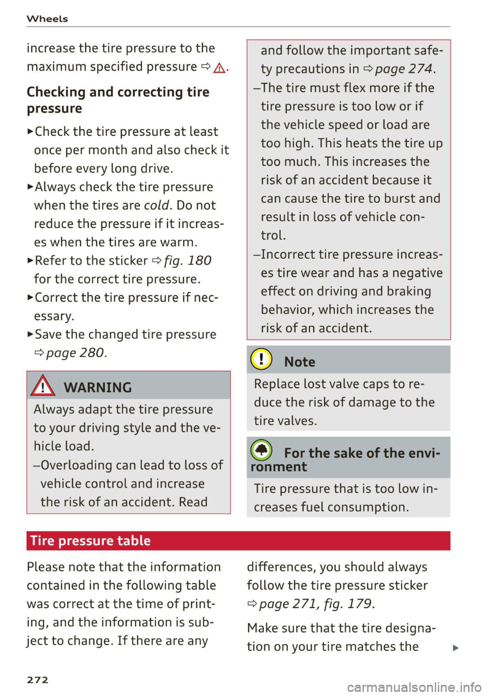 AUDI Q5 2021  Owner´s Manual Wheels 
  
increase the tire pressure to the 
maximum specified pressure > /A\. 
Checking and correcting tire 
pressure 
>Check the tire pressure at least 
once per month and also check it 
before eve