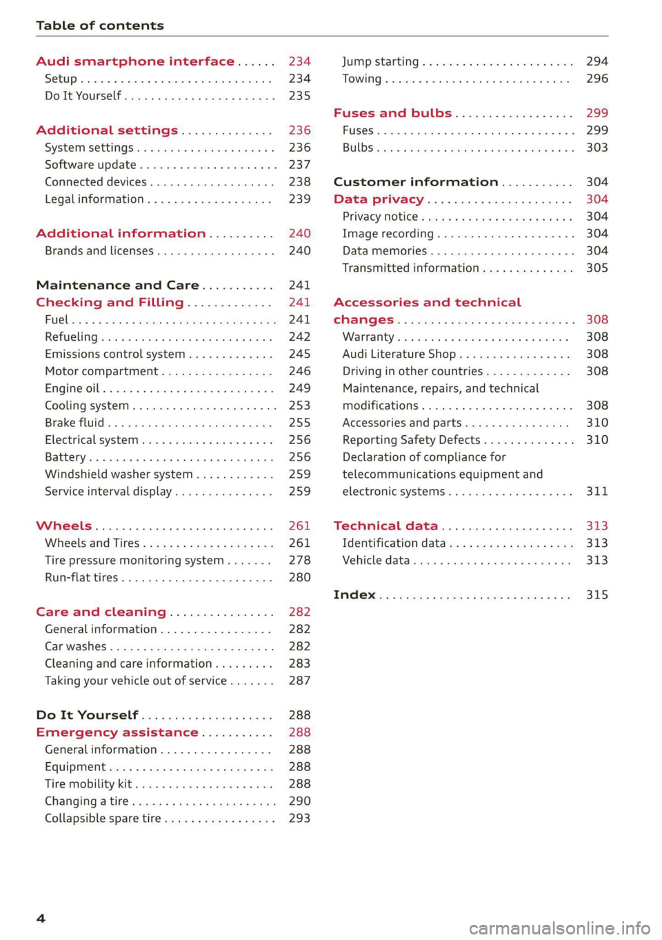 AUDI Q5 2021  Owner´s Manual Table of contents 
  
Audi smartphone interface...... 234 
Setup... eee eee eee eee 234 
DOIt YOURSELT sce 5 s woes se meee 5 2 ee 235 
Additional settings.............. 236 
System Settings: : s eens
