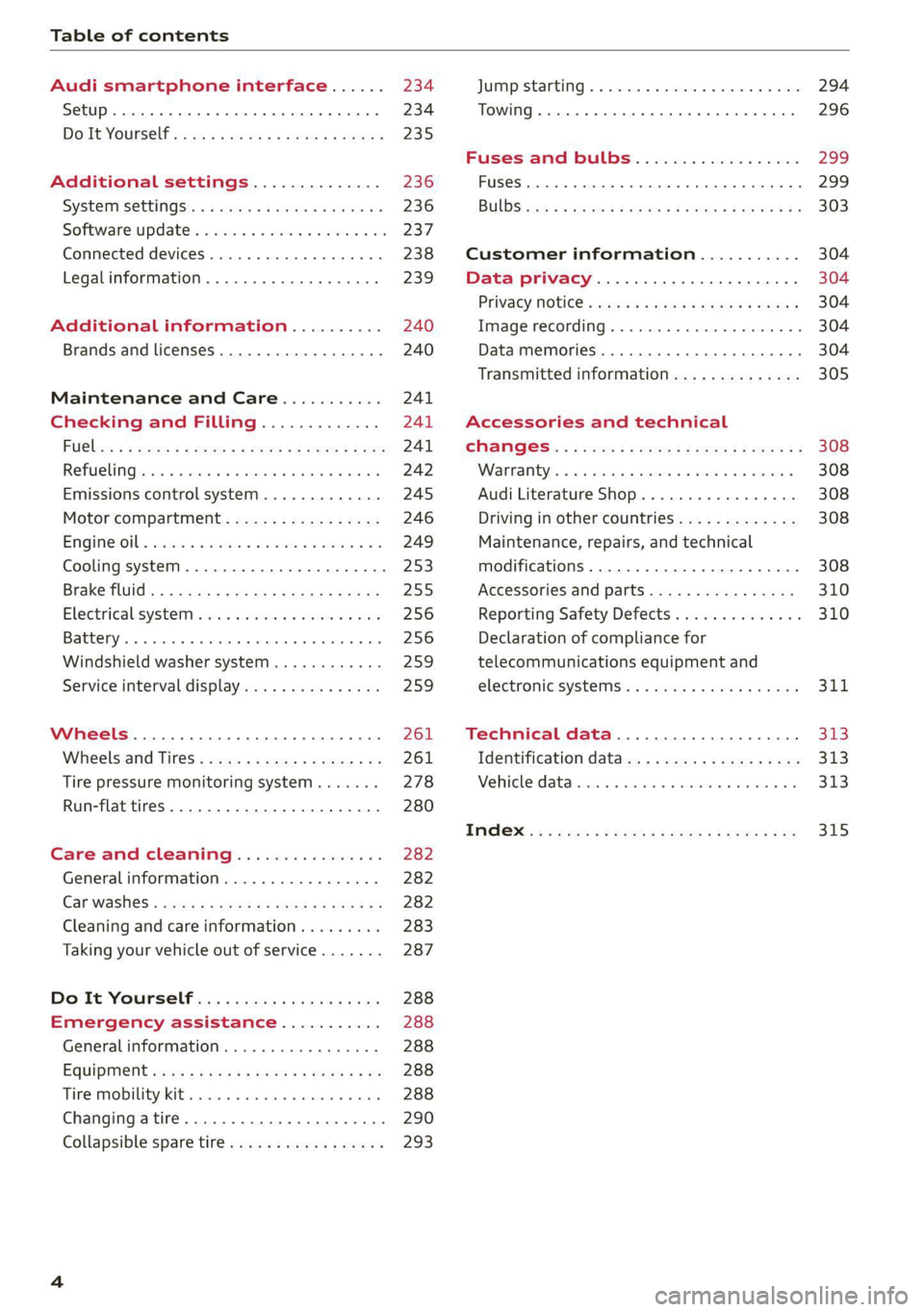 AUDI Q5 2021 Owner´s Manual Table of contents
Audi smartphone interface...... 234
Setup... eee eee eee eee 234
DOIt YOURSELT sce 5 s woes se meee 5 2 ee 235
Additional settings.............. 236
System Settings: : s eens AUDI Q5 2021 Owner´s Manual Table of contents
Audi smartphone interface...... 234
Setup... eee eee eee eee 234
DOIt YOURSELT sce 5 s woes se meee 5 2 ee 235
Additional settings.............. 236
System Settings: : s eens