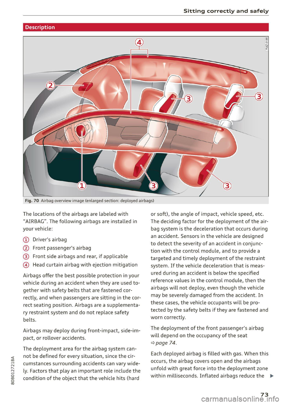 AUDI Q5 2021  Owner´s Manual 80B012721BA 
Sitting correctly and safely 
  
Description 
  
  
  
  
RAZ-0785) 
    
Fig. 70 Airbag overview image (enlarged section: deployed airbags) 
The locations of the airbags are labeled with