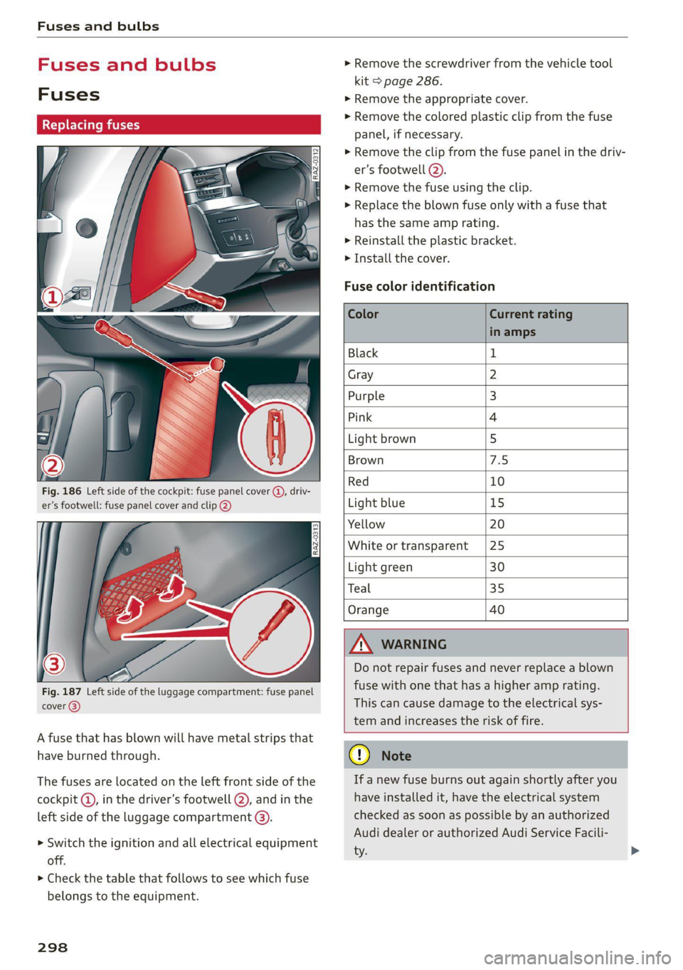 AUDI Q8 2021 Owner´s Manual Fuses and bulbs
Fuses and bulbs
Fuses
oer mie
Fig. 186 Left side of the cockpit: fuse panel cover (@), driv-
er’s footwell: fuse panel cover and clip @)
Fig. 187 Left side of the lu AUDI Q8 2021 Owner´s Manual Fuses and bulbs
Fuses and bulbs
Fuses
oer mie
Fig. 186 Left side of the cockpit: fuse panel cover (@), driv-
er’s footwell: fuse panel cover and clip @)
Fig. 187 Left side of the lu