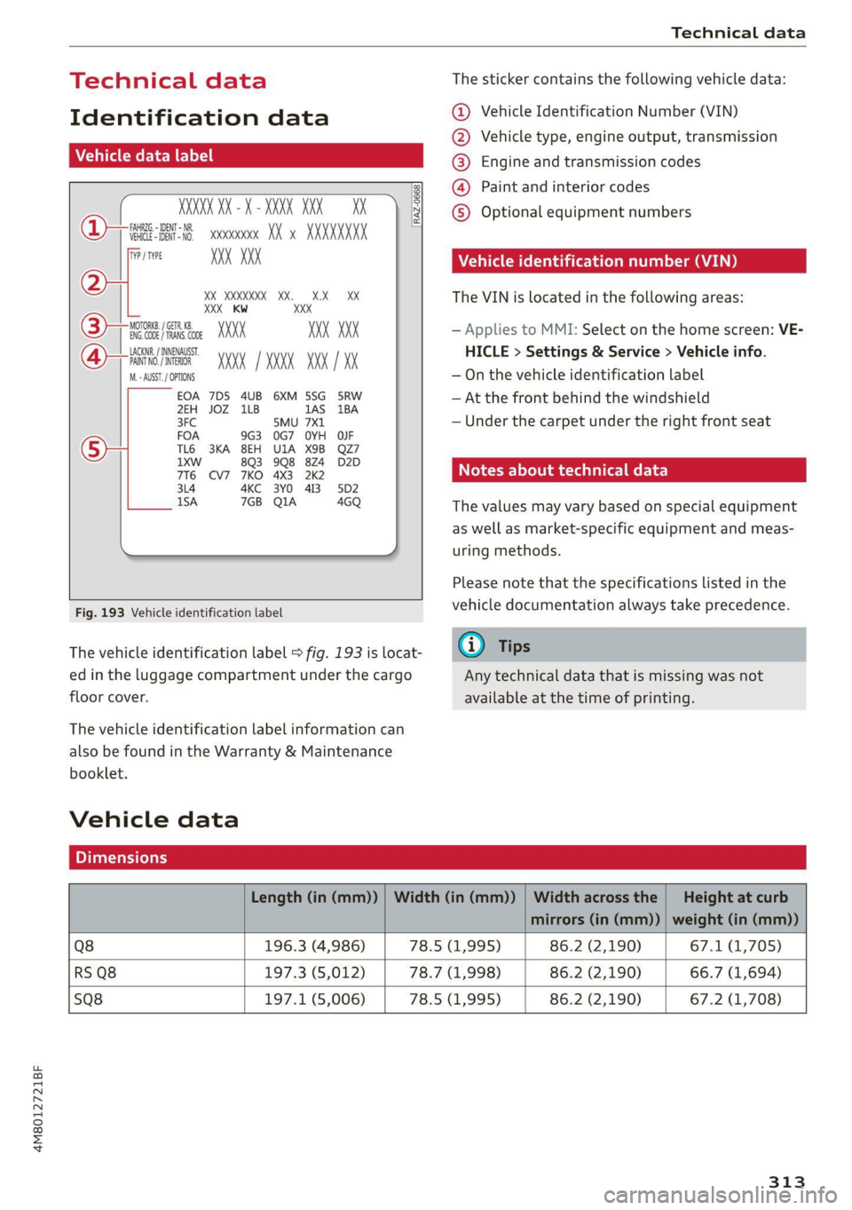 AUDI Q8 2021  Owner´s Manual 4M8012721BF 
Technical data 
  
Technical data 
Identification data 
Vehicle data label 
XXX X= HKNK WOK XX 
(Hae wrccnce XX XNKKKNKK 
Frm XXX XX 
2 
XX XKXKKKX XK. XX XK 
(3) / SERB 
ENG. CODE / TRAN