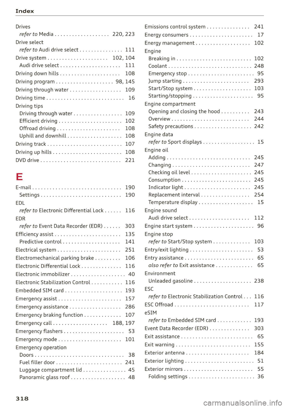 AUDI Q8 2021  Owner´s Manual Index 
  
Drives 
refer to Media.............000 eee 220, 223 
Drive select 
refer to Audi drive select............... 111 
Drive systeM..... ee eee eee ee ee 102, 104 
Audi drive Select s cso 2 ¢ ca