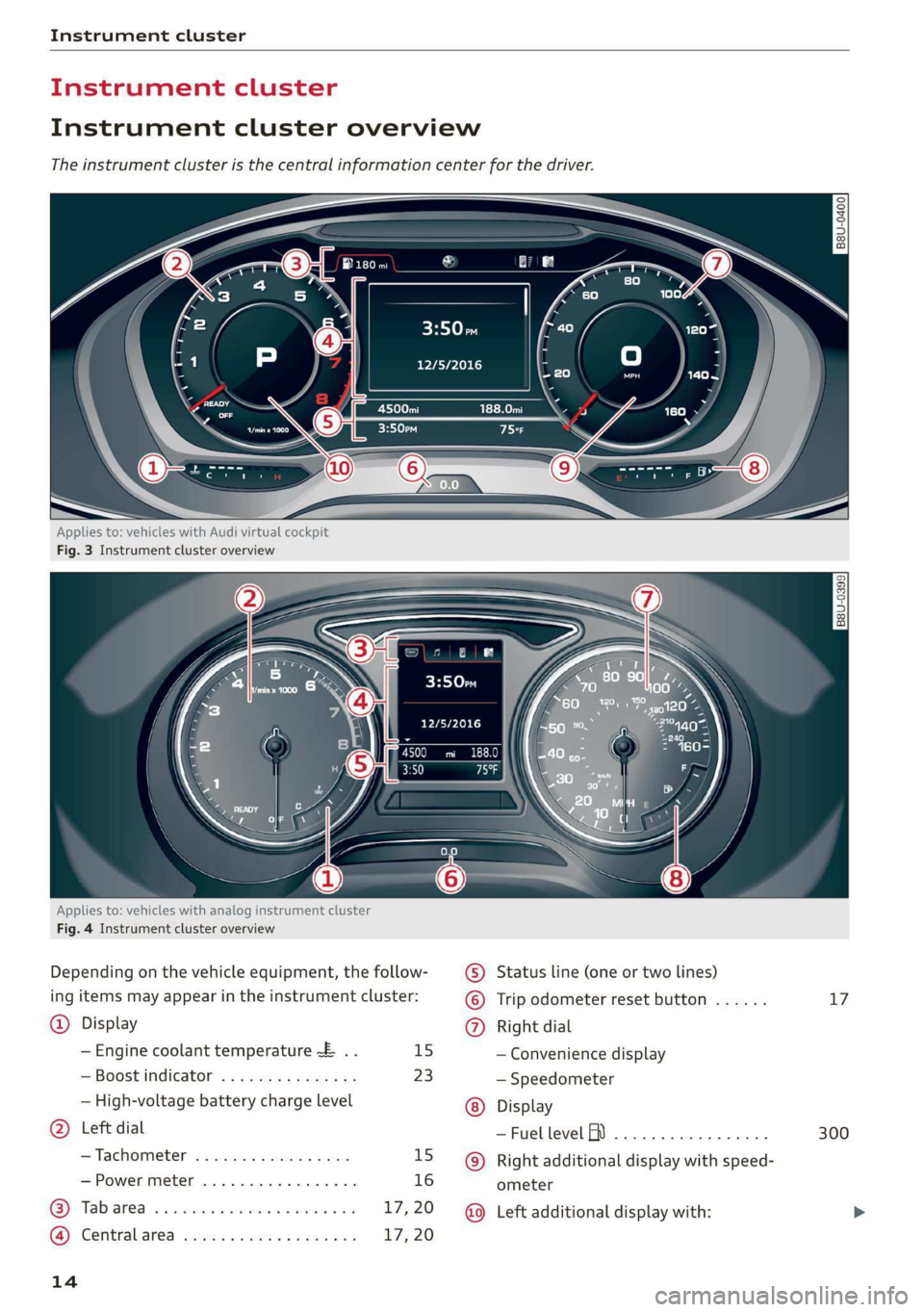 AUDI A3 2020  Owner´s Manual Instrument cluster 
  
Instrument cluster overview 
The instrument cluster is the central information center for the driver. 
| B8U-0400] 
CHLOE 
a YLY plese) 
E ‘ 
  
Applies to: vehicles with  Aud