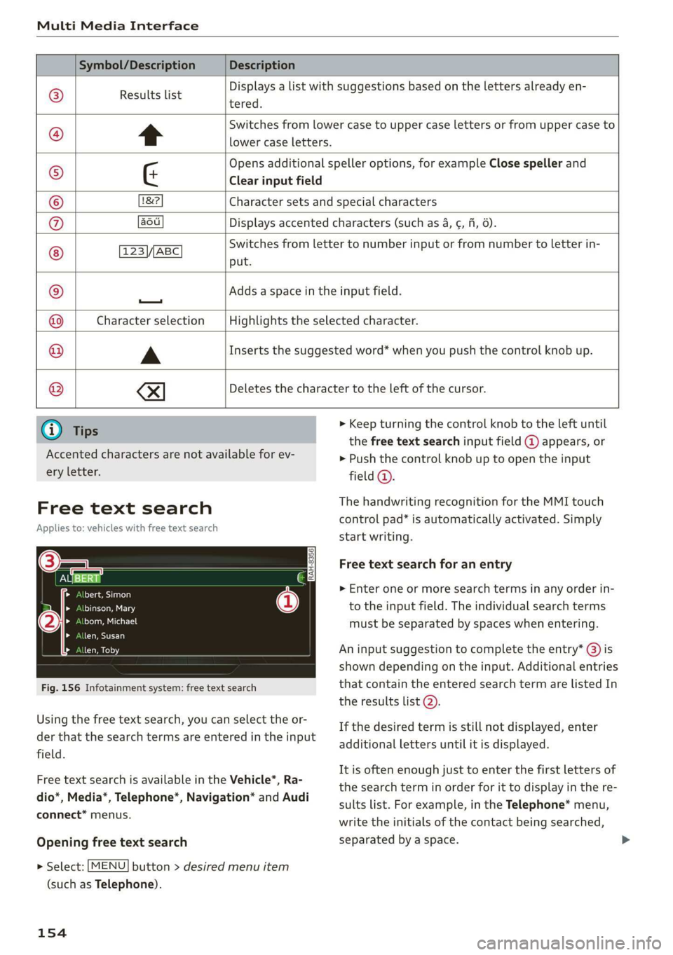 AUDI A3 2020 Owner´s Manual Multi Media Interface
Symbol/Description Description
Results list
tered.
Displays a list with suggestions based on the letters already en-
t
Switches from lower case to upper case le AUDI A3 2020 Owner´s Manual Multi Media Interface
Symbol/Description Description
Results list
tered.
Displays a list with suggestions based on the letters already en-
t
Switches from lower case to upper case le