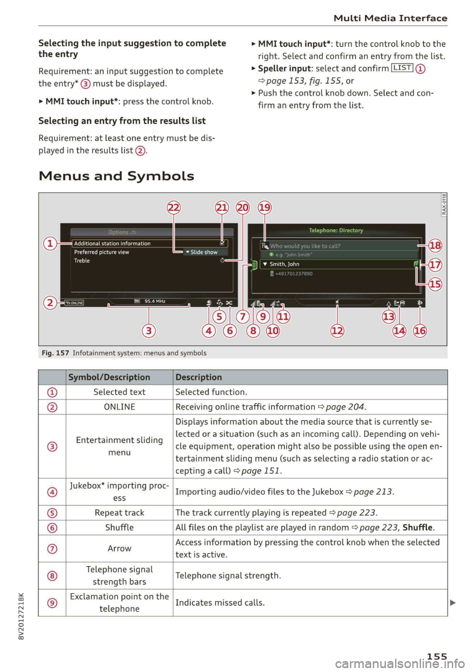 AUDI A3 2020  Owner´s Manual 8V2012721BK 
Multi Media Interface 
  
Selecting the input suggestion to complete 
the entry 
Requirement: an input suggestion to complete 
the entry* @) must be displayed. 
> MMI touch input*: press 
