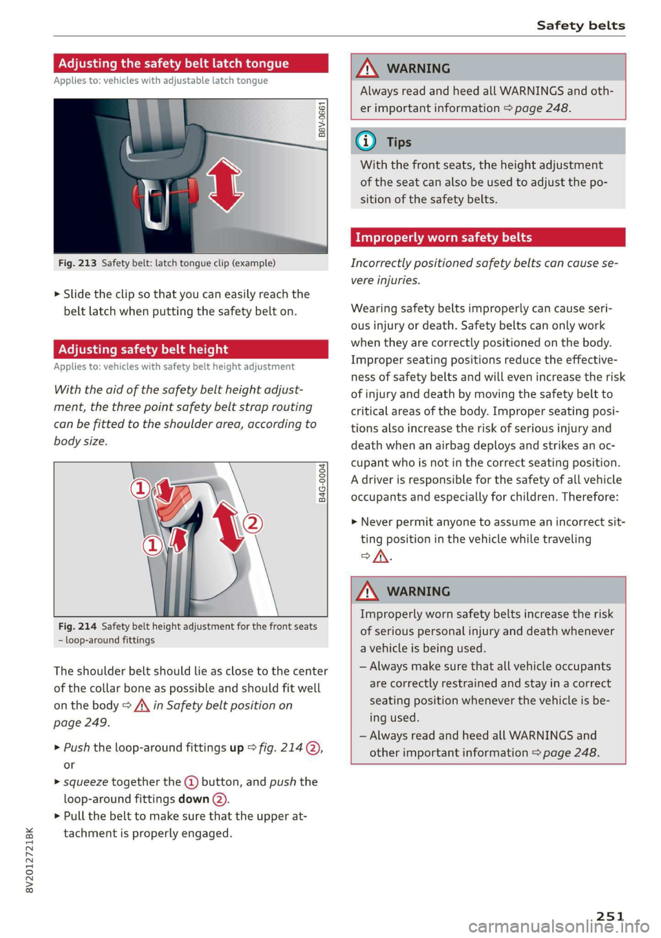 AUDI A3 2020  Owner´s Manual 8V2012721BK 
Safety belts 
  
Adjusting the safety belt latch tongue 
Applies to: vehicles with adjustable latch tongue 
& Ss 
g = & 3 
  
Fig. 213 Safety belt: latch tongue clip (example) 
> Slide  t
