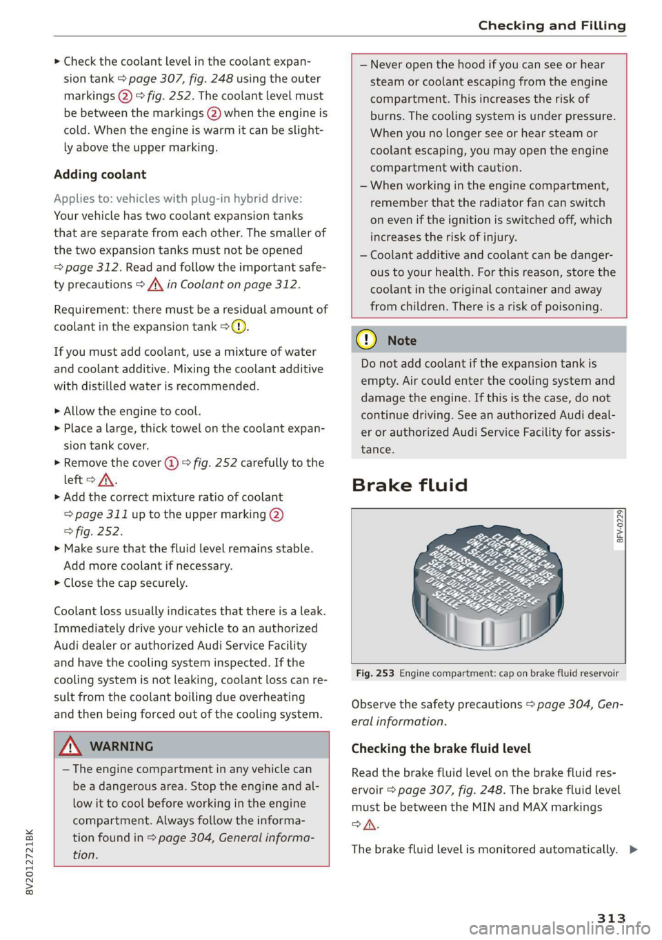 AUDI A3 2020  Owner´s Manual 8V2012721BK 
Checking and Filling 
  
> Check the coolant level in the coolant expan- 
sion tank > page 307, fig. 248 using the outer 
markings (2) > fig. 252. The coolant level must 
be between the m