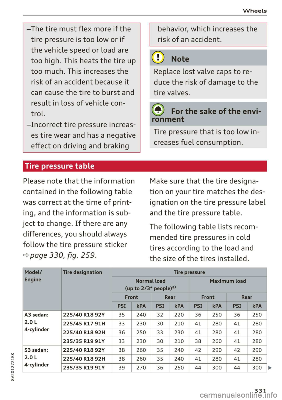 AUDI A3 2020  Owner´s Manual 8V2012721BK 
Wheels 
  
  
—The tire must flex more if the 
tire pressure is too low or if 
the vehicle speed or load are 
too high. This heats the tire up 
too much. This increases the 
risk of an 