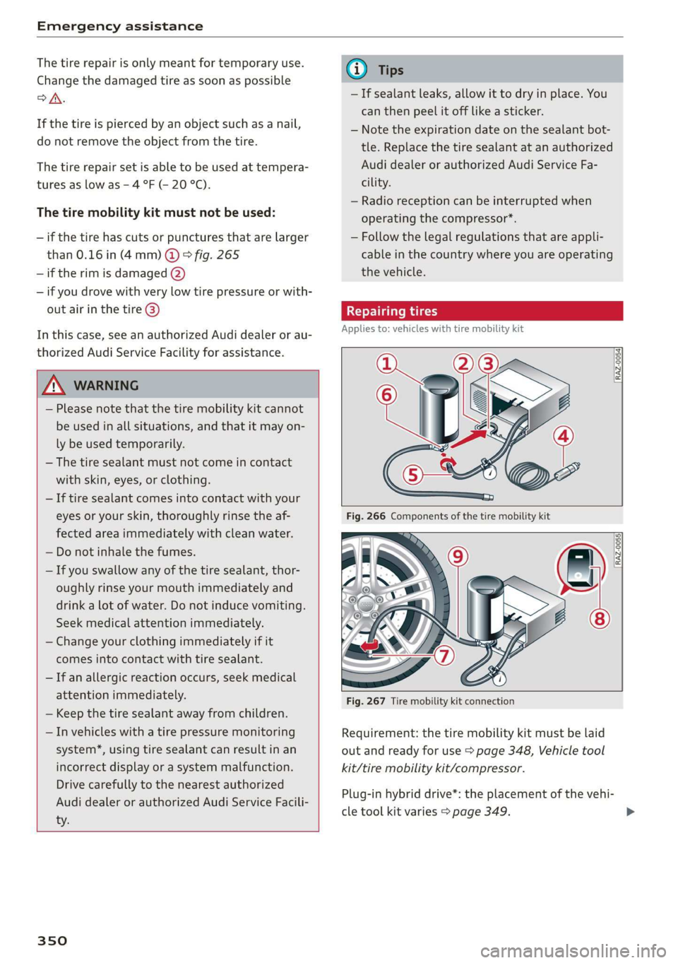 AUDI A3 2020  Owner´s Manual Emergency assistance 
  
The tire repair is only meant for temporary use. 
Change the damaged tire  as soon as possible 
oA. 
If the tire is pierced by an object such as a nail, 
do not remove the obj