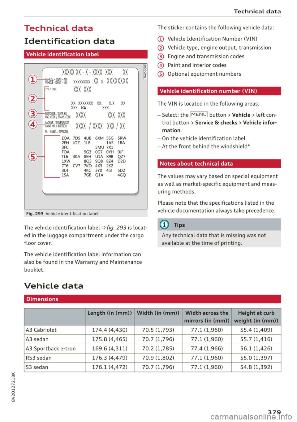 AUDI A3 2020  Owner´s Manual 8V2012721BK 
Technical data 
  
Technical data 
Identification data 
Vehicle identification label 
XXX X= HKNK WOK XX 
(Hae wrccnce XX XNKKKNKK 
Frm XXX XX 
2 
XX XXKKXKK XK KX XK 
3 }—— MOTORS / 