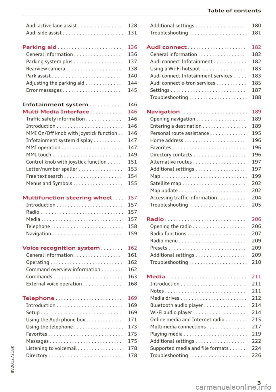 AUDI A3 2020  Owner´s Manual 8V2012721BK 
Table of contents 
  
Audi active lane assist. .............65 128 
Audi side assist... 2... 0.00.00. 131 
PRB CAIG, scsi: 3  6 nose 28 wow swan « 136 
Generalinformation................