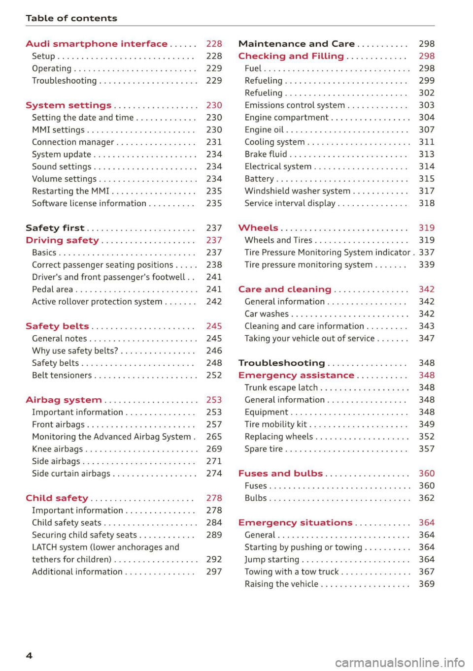 AUDI A3 2020  Owner´s Manual Table of contents 
  
  
Audi smartphone interface...... 228 
Setup... eee eee ee eee 228 
OPeratintg’s + ease s  x mows «  woeE se ow ee 229 
Troubleshooting wwii «s wwine ev eee ae eae 229 
Syst