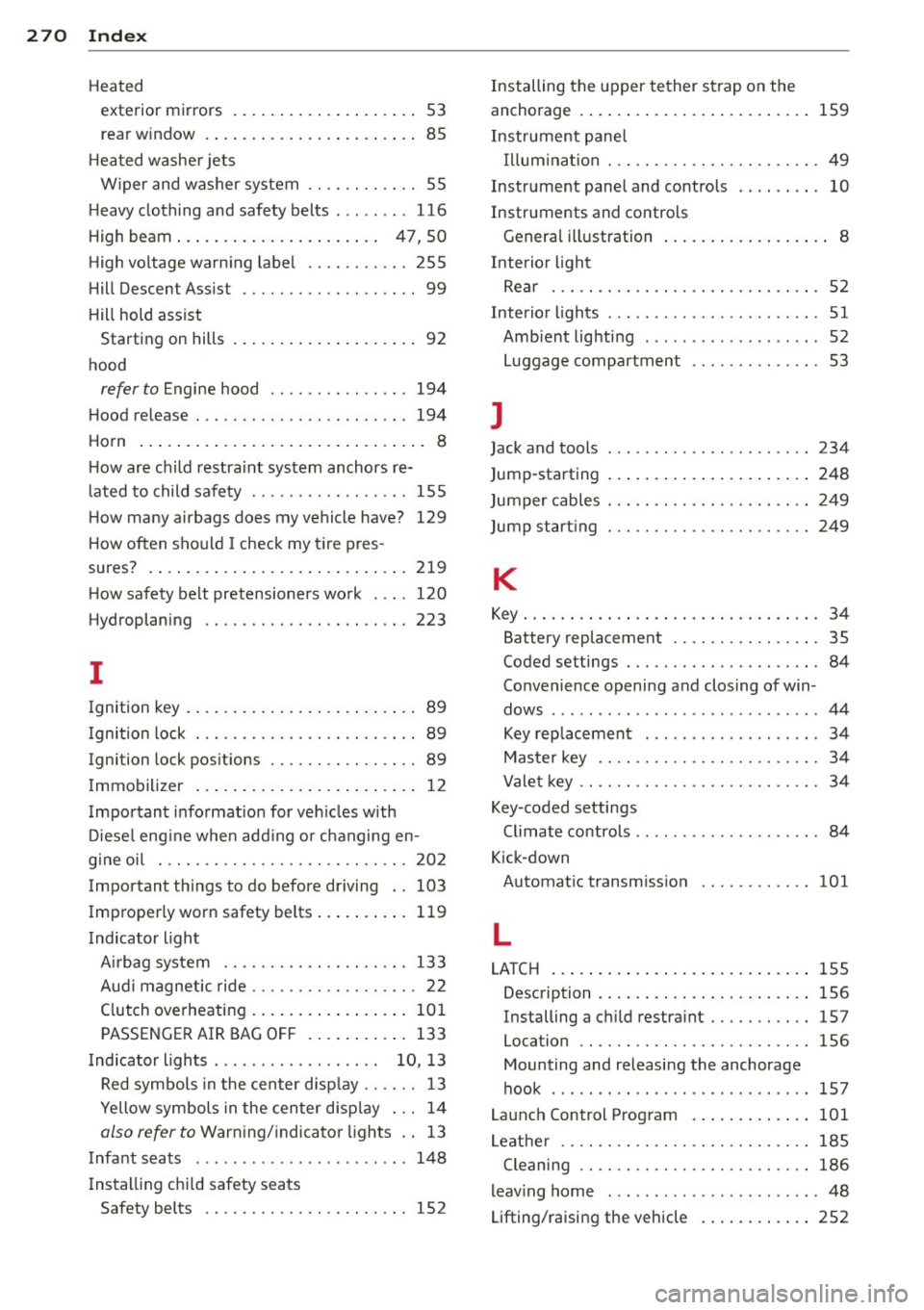 AUDI A3 2012  Owner´s Manual 270  Index 
Heated 
exterior  mirrors  . . . . . . .  . . .  . .  . .  . . . .  . .  53 
rear w indow  .  . .  . . .  . . . . . .  . . .  . .  . . . .  . .  85 
H eated washe r jets 
W iper and washer