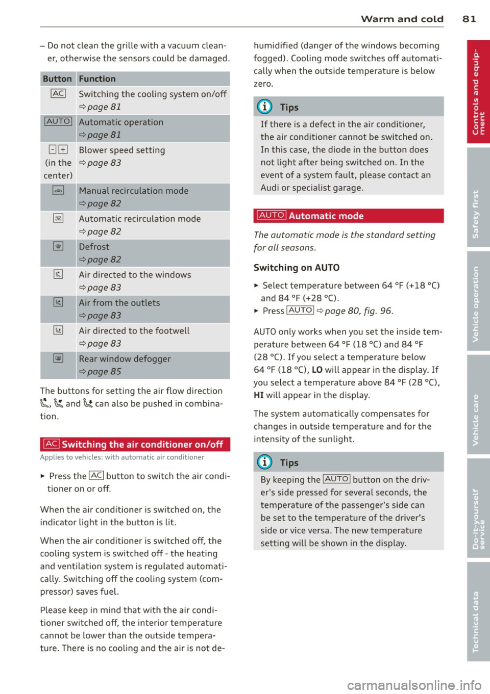 AUDI A3 2012  Owner´s Manual -Do not  clean  the  gri lle with  a vacuum  clean­
er, otherwise  the  sensors  cou ld  be  damaged . 
Function 
!ACI Switching  the  cooling  system  on/off 
q page  81 
!AUTO I Automatic  operatio