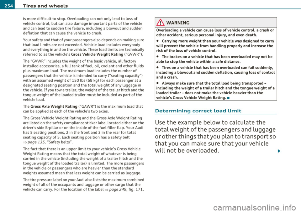 AUDI A3 2011  Owner´s Manual _L_T.:...:..: i r~ e:.: s~ a:::. n:..:..:: d:.....: w..:...:. h::e:.: e::.:: ls::::._  ______________________________________________  _ 
is more  difficult  to  stop.  Overloading  can  not  only  le