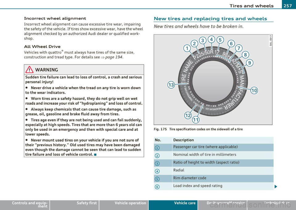 AUDI A3 2011  Owner´s Manual ________________________________________________ T_ i_ re _ s_ a_ n_d_ w_ h_ e_ e_l _s _  ....... 91 
Incorrect  wheel  alignment 
In correct  whee l al ignme nt  can  ca use  excessive  tir e wea r, 