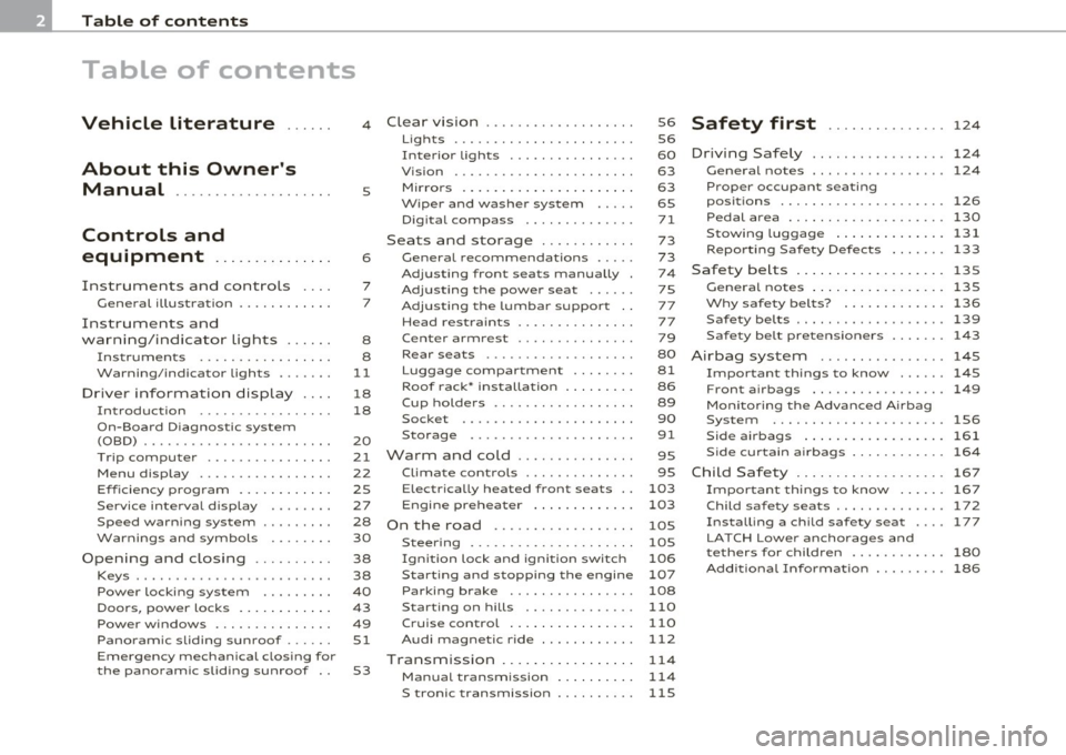 AUDI A3 2011  Owner´s Manual Table  of  contents 
Table  of  contents 
Vehicle  literature .....  . 
About  this  Owners  Manual  ............. ......  . 
Controls  and 
equipment  ..............  . 
Instruments  and  controls  