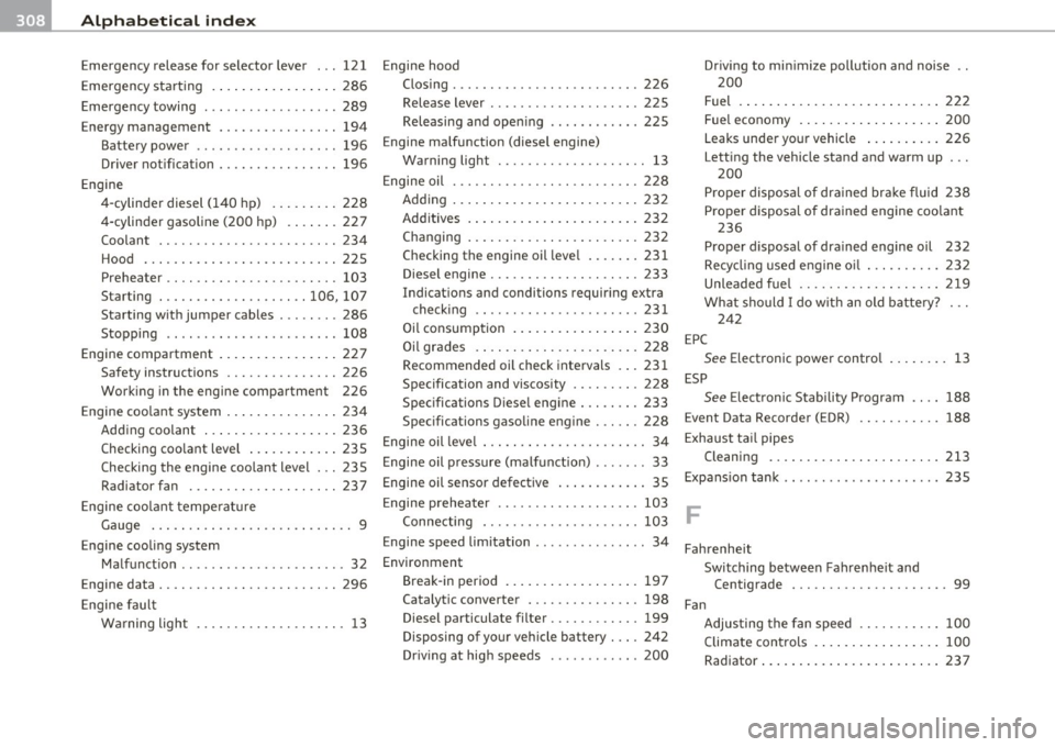 AUDI A3 2011 Owner´s Manual -Alphabetical inde x _...,___ _ ______:_:__:_=.:..:...._ _________________ _
Emergency release for selector lever ... 121 Engine hood
Emergency starting ...... .. .. .. ... .. 286 Closing
AUDI A3 2011 Owner´s Manual -Alphabetical inde x _...,___ _ ______:_:__:_=.:..:...._ _________________ _
Emergency release for selector lever ... 121 Engine hood
Emergency starting ...... .. .. .. ... .. 286 Closing