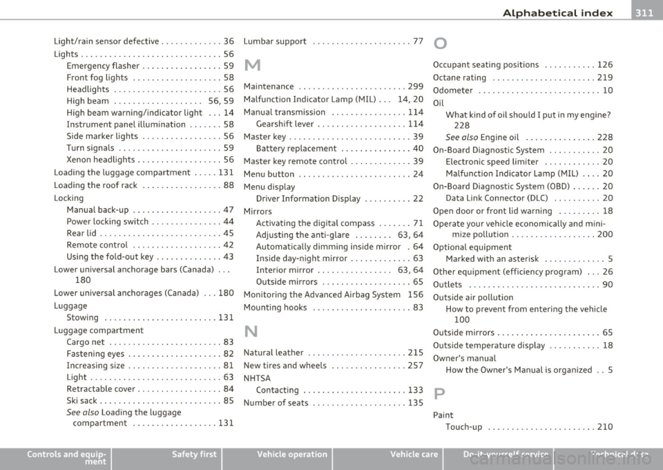 AUDI A3 2011  Owner´s Manual ___________________________________________ A_ l!,.. p _h _a_ b_ e_t _ic _a_ l_ in_ d _ e_x  __ fflll 
Light/rain  senso r defective  .......... ...  36 
Lights  ... .. .. .. ..... ....... .. .. . .. 