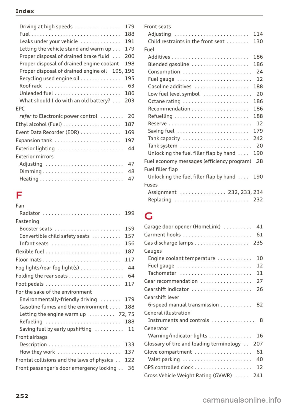 AUDI A5 2015  Owner´s Manual Index 
Driving at  high  speeds  . . . .  . . .  . .  . .  . .  . . .  179 
Fuel  .  . .  . .  . .  . . . .  . . .  .  . . . . . .  . . .  . .  . .  . . .  188 
Leaks  under  your  veh icle  ....... .