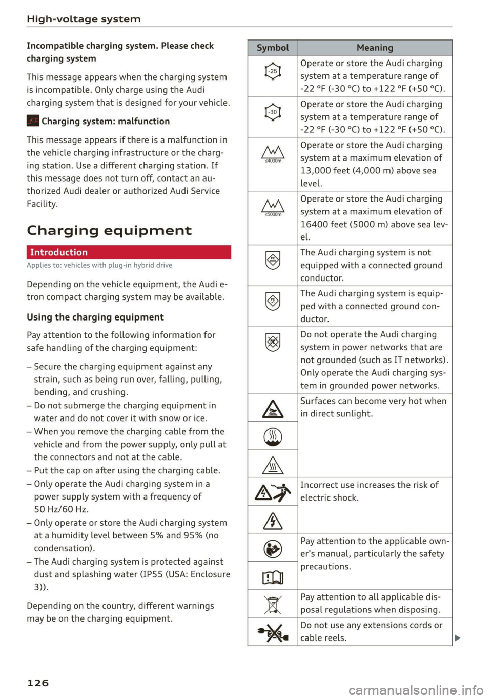 AUDI A7 2021 Owner´s Manual High-voltage system
Incompatible charging system. Please check
charging system
This message appears when the charging system
is incompatible. Only charge using the Audi
charging system that is AUDI A7 2021 Owner´s Manual High-voltage system
Incompatible charging system. Please check
charging system
This message appears when the charging system
is incompatible. Only charge using the Audi
charging system that is