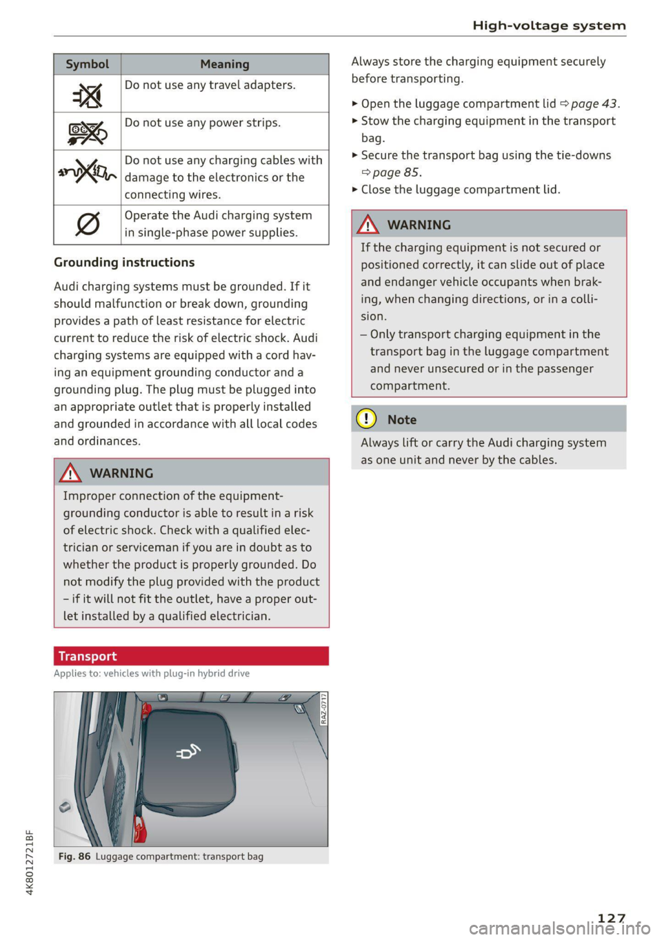 AUDI A7 2021 Owner´s Manual 4K8012721BF
High-voltage system
Meaning
Do not use any travel adapters.
Do not use any power strips.
, Do not use any charging cables with
oo, damage to the electronics or the
co AUDI A7 2021 Owner´s Manual 4K8012721BF
High-voltage system
Meaning
Do not use any travel adapters.
Do not use any power strips.
, Do not use any charging cables with
oo, damage to the electronics or the
co