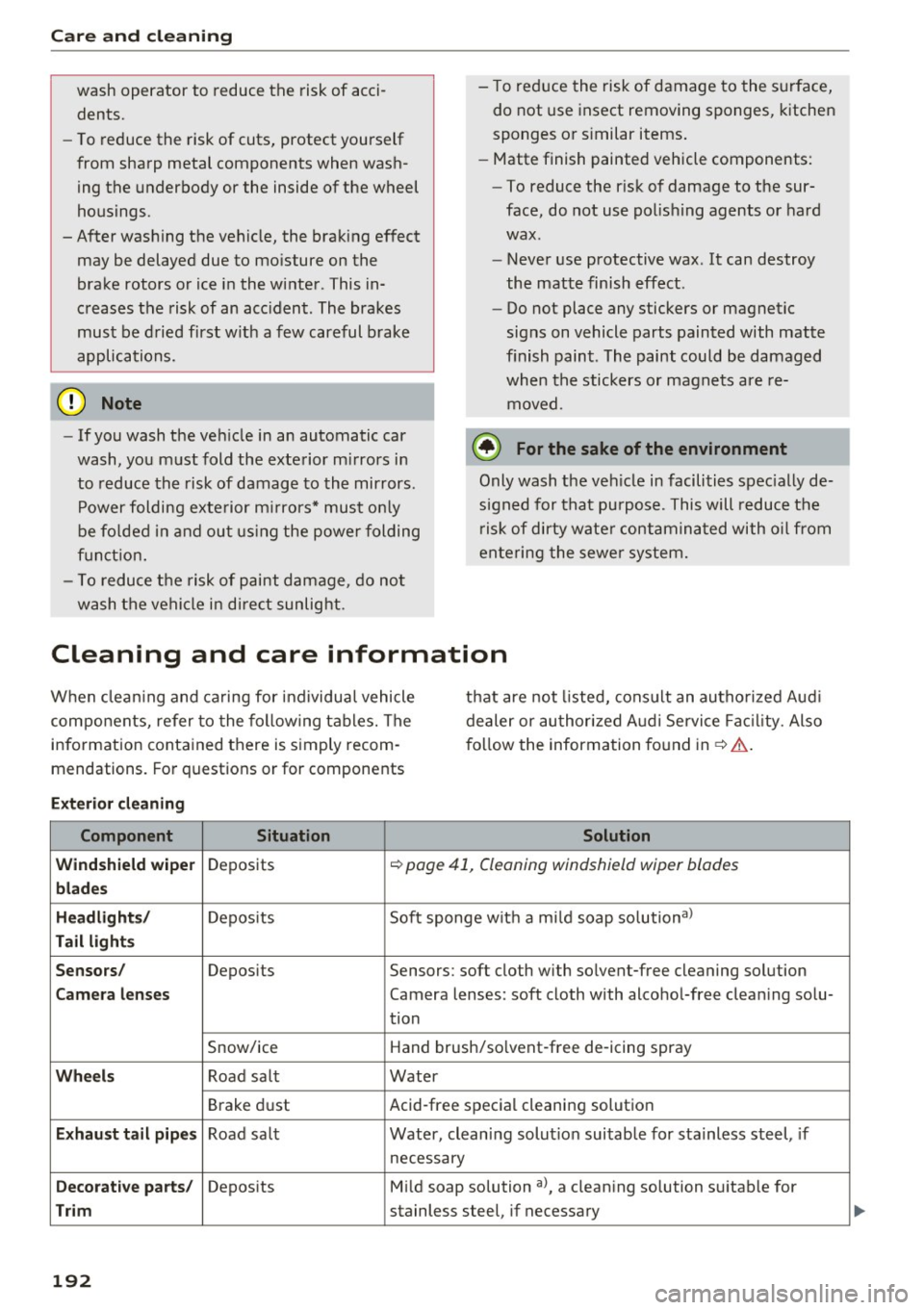 AUDI Q3 2017  Owner´s Manual Care  and  cleaning 
wash  operator  to reduce the risk of  acci­
dents. 
- To reduce  the risk  of  cuts,  protect  yourself 
from  sharp  metal  components  when  wash­ ing  the  underbody  or  th