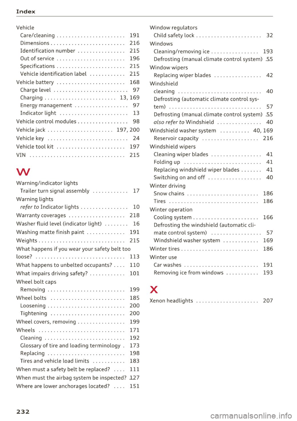 AUDI Q3 2017 Owner´s Manual Index
Vehicle Care/cleaning . . . . . . . . . . . . . . . . . . . . . . .
191
Dimensions ... .. ................ ... . 216
Identification number . . . . . . . . . . . . . . . . 215
Ou AUDI Q3 2017 Owner´s Manual Index
Vehicle Care/cleaning . . . . . . . . . . . . . . . . . . . . . . .
191
Dimensions ... .. ................ ... . 216
Identification number . . . . . . . . . . . . . . . . 215
Ou