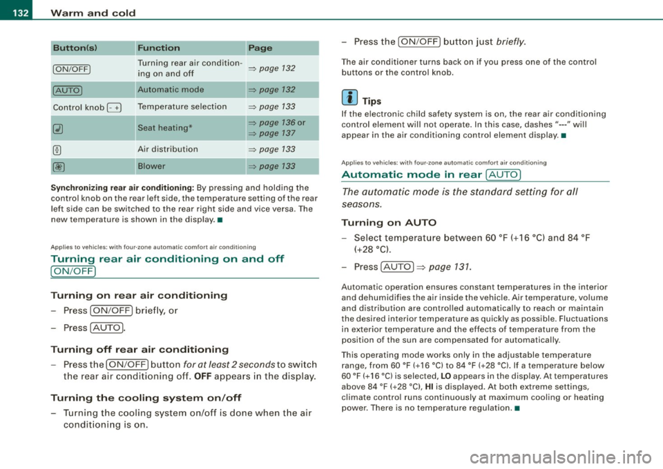 AUDI Q7 2009  Owner´s Manual -W
arm  and  cold --------------------
Butt on(s )  Function  Pa g e 
Turning  rear  air  condition -
ION /OFF] ing  on  and  off => page  132 
[AUTO] => page  132 
Control  knob G) Temperature  selec