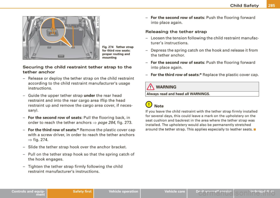 AUDI Q7 2009 Owner´s Manual Fig. 274 Tether strap
for third row seats:
proper routing and
mounting
Securing the child restraint tether strap to the
tether anchor
- Release or deploy the tether strap on AUDI Q7 2009 Owner´s Manual Fig. 274 Tether strap
for third row seats:
proper routing and
mounting
Securing the child restraint tether strap to the
tether anchor
- Release or deploy the tether strap on