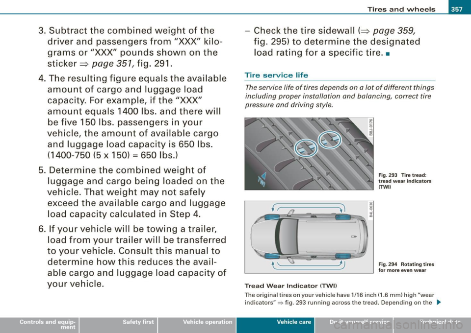 AUDI Q7 2009  Owner´s Manual 3.  Subtract  the  combined  weight  of  the driver  and  passengers  from 
"XXX" kilo­
grams  or 
"XXX" pounds  shown  on  the 
sticker=> 
page  351, fig.  291. 
4. The  resulting  figure  equals  t