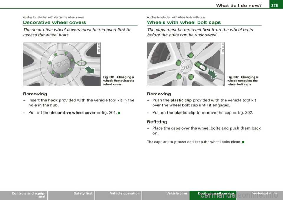AUDI Q7 2009  Owner´s Manual What  do I do  now? -
------------------
Applies  to vehic les: w ith  deco ra ti ve whee l covers 
Decorative  wheel  covers 
The decorative  wheel  covers  must  be  removed  first  to 
access  the 