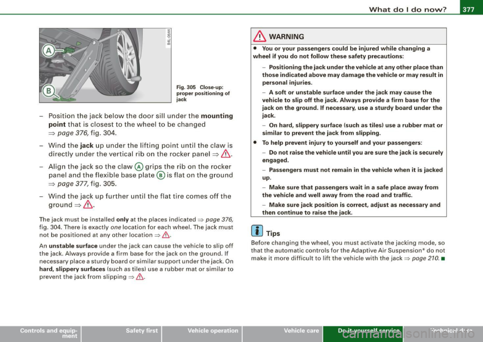 AUDI Q7 2009  Owner´s Manual _____________________________________________ W_ h_ a_t _d_ o_l _ d_o _ n_o_ w_ ? _  __._ 
Fig. 30 5  Close- up: 
prope r po sit io ning of 
jack 
- Posi tion  the  jack  b elow  the  doo r sill  u nd