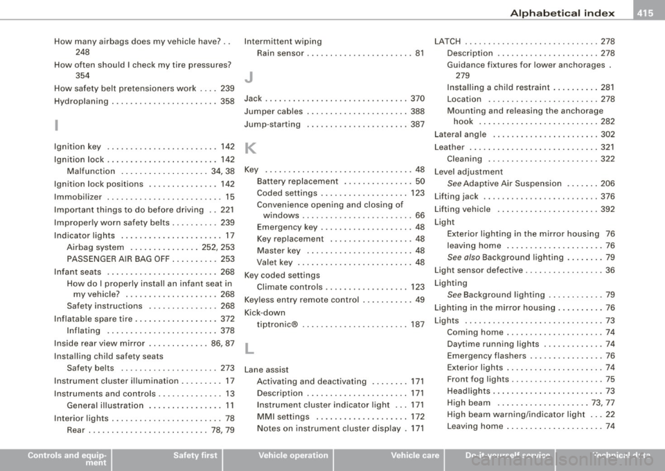 AUDI Q7 2009 Owner´s Manual ______________________________________________ A_ l_,_ p _h_ a_ b_e _t_i c_ a _ l _in _ d_e _ x __ ffllll
How many airbags does my vehicle have? ..
248
How often should I check my tire AUDI Q7 2009 Owner´s Manual ______________________________________________ A_ l_,_ p _h_ a_ b_e _t_i c_ a _ l _in _ d_e _ x __ ffllll
How many airbags does my vehicle have? ..
248
How often should I check my tire