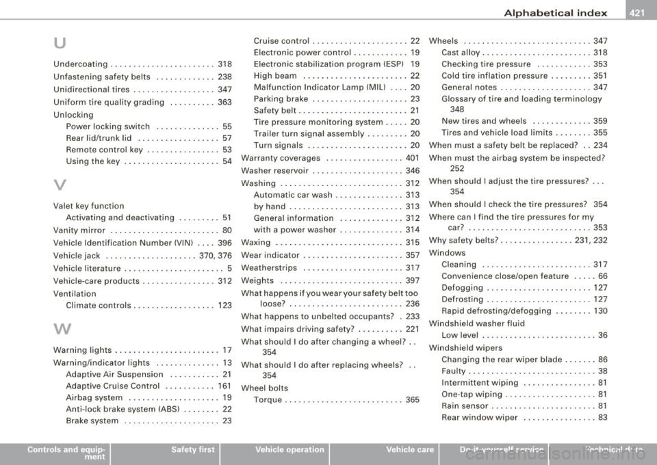 AUDI Q7 2009 Owner´s Manual _____________________________________________ ..:..A ..:: l:.!: p :.:h..:.: a::..:: b:.::e :.: t:.:.ic ::..:: a~l ..::in :...:.::: d:.::e ::: x:__ _IJIII
u
Undercoating .... ... ........ .... ... AUDI Q7 2009 Owner´s Manual _____________________________________________ ..:..A ..:: l:.!: p :.:h..:.: a::..:: b:.::e :.: t:.:.ic ::..:: a~l ..::in :...:.::: d:.::e ::: x:__ _IJIII
u
Undercoating .... ... ........ .... ...