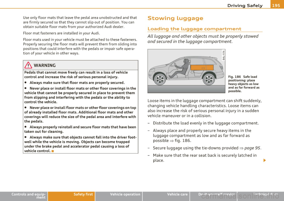 AUDI Q7 2010 Owner´s Manual ________________________________________________ D_ r_ i_ v _i_n ""g "-- S_a_ f_ e_ l _,,y-- __
Use only floor mats that leave the pedal area unobstructed and that
are firmly secured AUDI Q7 2010 Owner´s Manual ________________________________________________ D_ r_ i_ v _i_n ""g "-- S_a_ f_ e_ l _,,y-- __
Use only floor mats that leave the pedal area unobstructed and that
are firmly secured