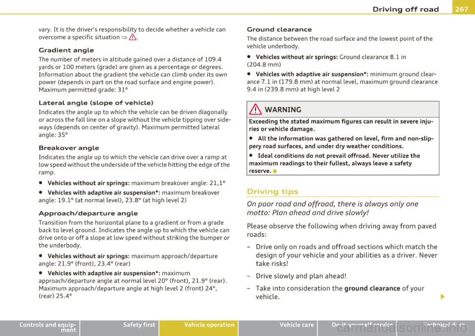 AUDI Q7 2010 Owner´s Manual • Driving off road
------------------------------------------------------
vary. It is the drivers responsibility to decide whether a vehicle can
overcome a specific situation
=> AUDI Q7 2010 Owner´s Manual • Driving off road
------------------------------------------------------
vary. It is the drivers responsibility to decide whether a vehicle can
overcome a specific situation
=>