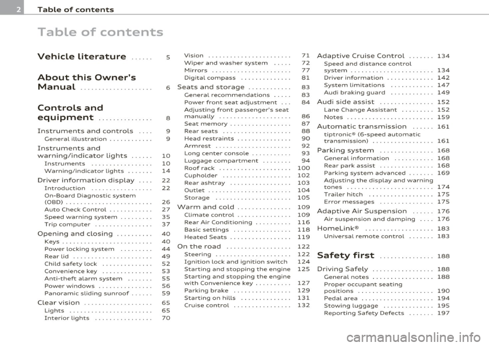 AUDI Q7 2010  Owner´s Manual Table  of  contents 
Table  of  contents 
Vehicle  literature .....  . 
About  this  Owners  Manual  .......... .........  . 
Controls  and 
equipment  ..............  . 
Instruments  an d contr ols 