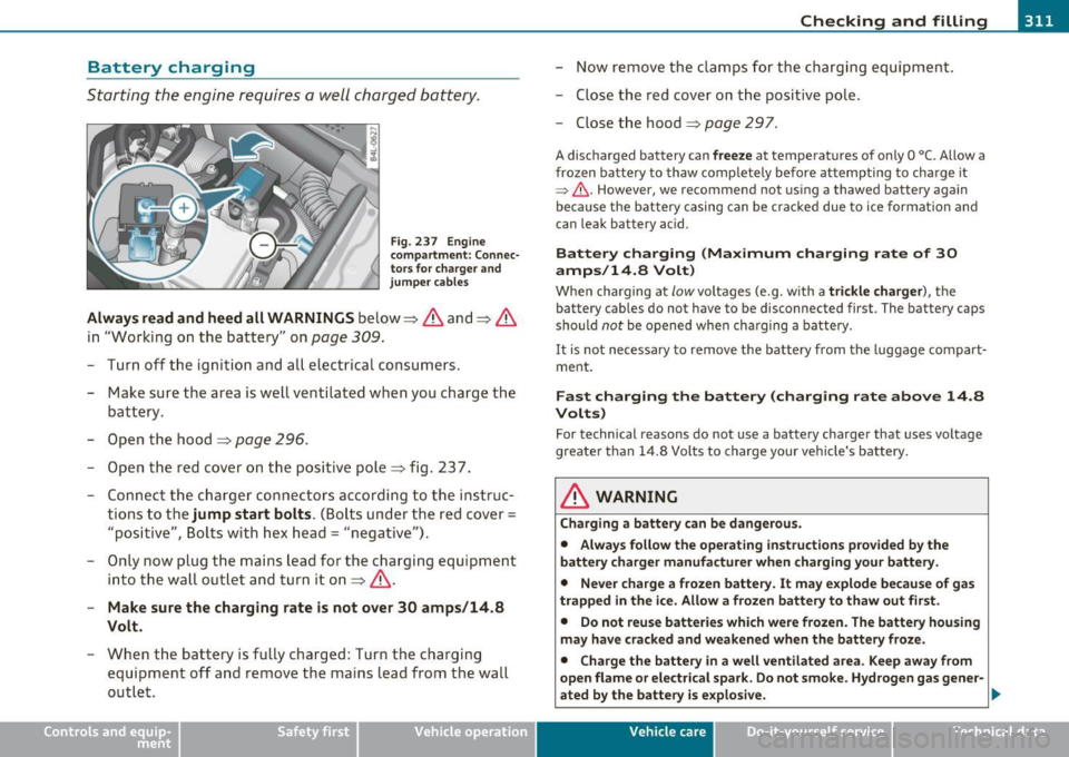 AUDI Q7 2010  Owner´s Manual Checking  and  filling -
-------------------=------=:;______,.J,,... 
Battery  charging 
Starting  the  engine  requires  a  well charged  battery. 
Fig. 237  Engine 
compa rtment : Connec­
tor s for