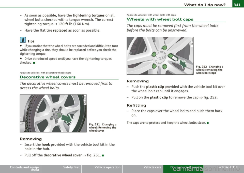 AUDI Q7 2010  Owner´s Manual _______________________________________________ W __  h_a _t_ d_o_ I_ d_o_ n_ o_ w_ ? _  __._ 
- As soon  as  poss ible,  have  the tig htening  torqu es on  all 
wheel  bolts  checked  with  a torque