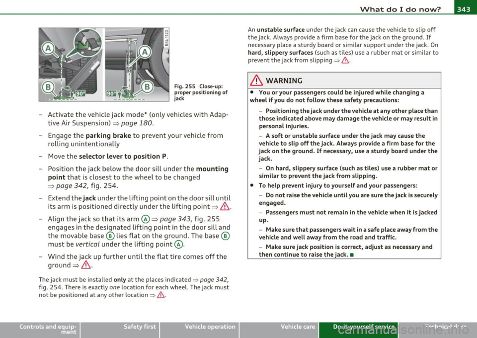 AUDI Q7 2010 Owner´s Manual _____________________________________________ W __ h_a _ t_ d_o_ I_ d _ o_ n_o_ w_ ? _ ___._
Fig. 255 Close-up:
proper positioning of
jack
-Activate the vehicle jack mode* (only vehicle AUDI Q7 2010 Owner´s Manual _____________________________________________ W __ h_a _ t_ d_o_ I_ d _ o_ n_o_ w_ ? _ ___._
Fig. 255 Close-up:
proper positioning of
jack
-Activate the vehicle jack mode* (only vehicle