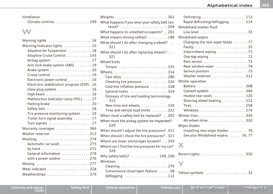 AUDI Q7 2010  Owner´s Manual Alphabetical  index -___________________________________ ____._ _______  _ 
Ventilatio n  Weights  .. .. .. .. .. .... .. .. .... .. ...  361 
Climate  controls  .................  109  What  happens 