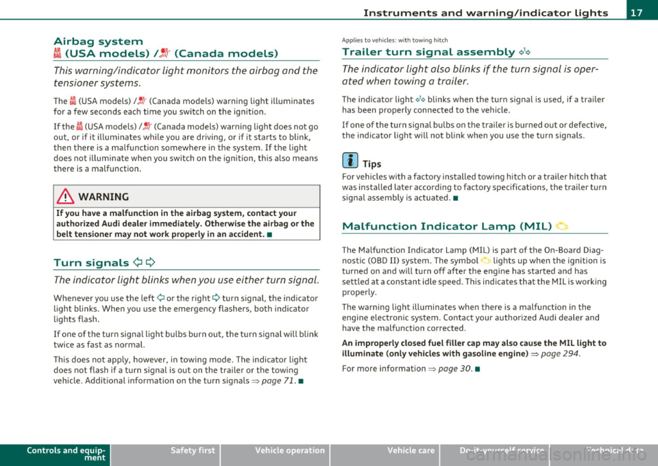 AUDI Q7 2011  Owner´s Manual Airbag  system 
~i (USA  models) t!.! r (Canada  models) 
This warning/indicator  light  monitors  the  airbag and  the 
tensioner  systems. 
Th e I (USA models) l!.!r (Canada  mo dels)  warning  ligh
