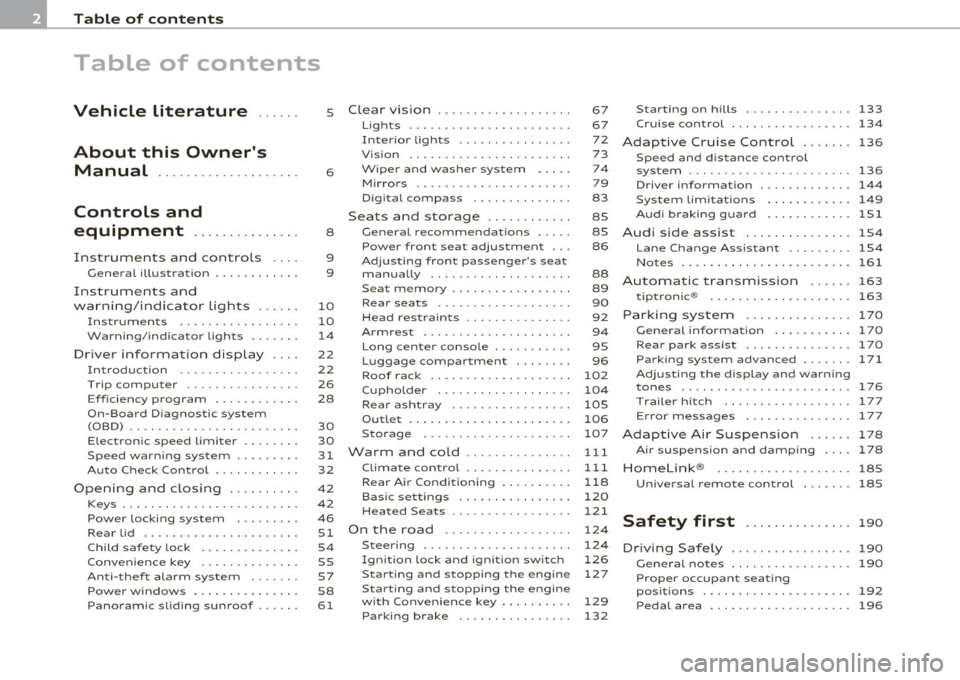 AUDI Q7 2011  Owner´s Manual Table  of  contents 
Table  of  contents 
Vehicle  literature .....  . 
About  this  Owners  Manual  .......... ....... .. . 
Controls  and 
equipment  .............. . 
Instruments  and  controls  .