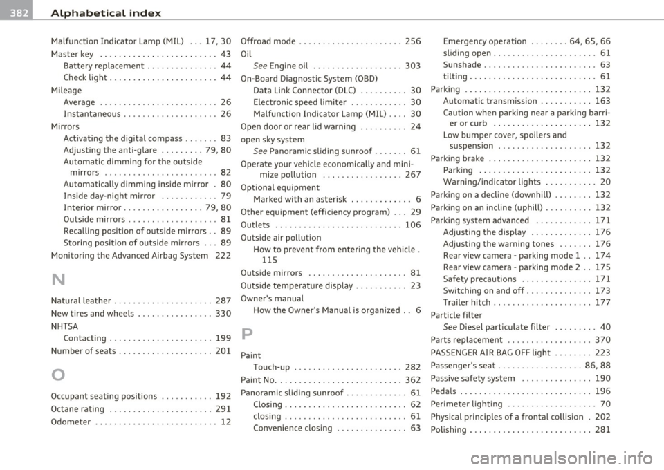AUDI Q7 2011 Owner´s Manual ___ A_ l_. p_ h _ a_b_ e_ t_ic _a_ l_ in_ d_e _ x ____________________________________________ _
Malfunction Indicator Lamp (MIL) ... 17 , 30
Master key ............ ...... .. .. .. . 43
B AUDI Q7 2011 Owner´s Manual ___ A_ l_. p_ h _ a_b_ e_ t_ic _a_ l_ in_ d_e _ x ____________________________________________ _
Malfunction Indicator Lamp (MIL) ... 17 , 30
Master key ............ ...... .. .. .. . 43
B