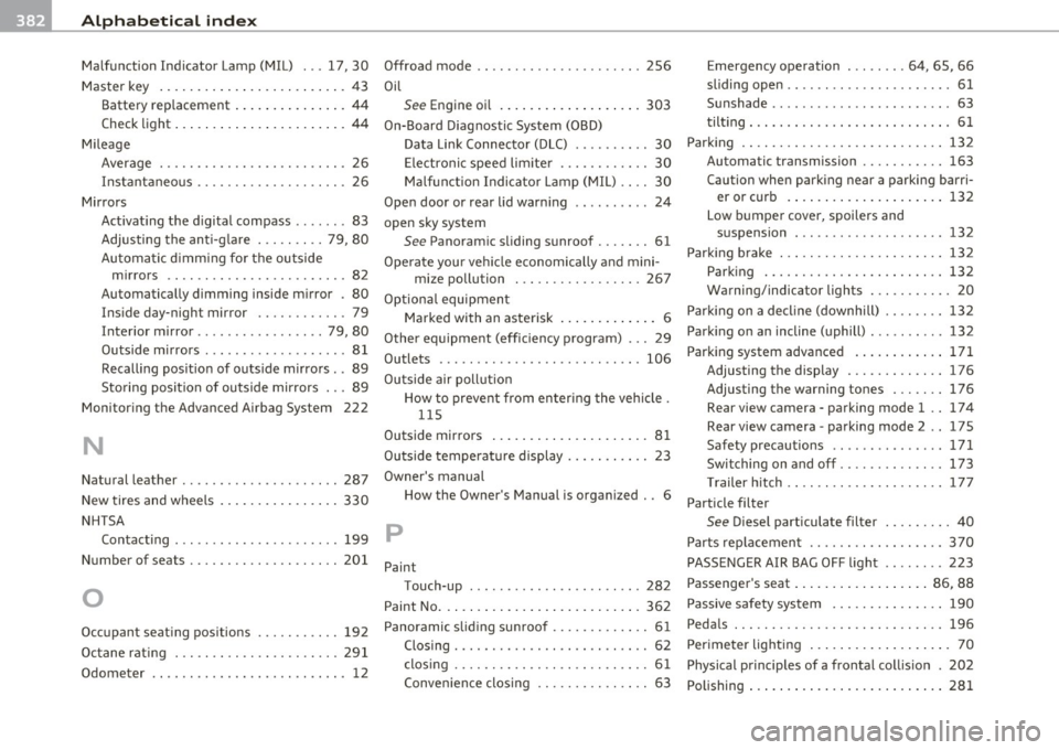 AUDI Q7 2011  Owner´s Manual ___ A_ l_. p_ h _ a_b_ e_ t_ic _a_ l_ in_ d_e _ x ____________________________________________  _ 
Malfunction  Indicator  Lamp  (MIL)  ...  17 , 30 
Master  key  ............ ...... .. .. .. .  43 
B