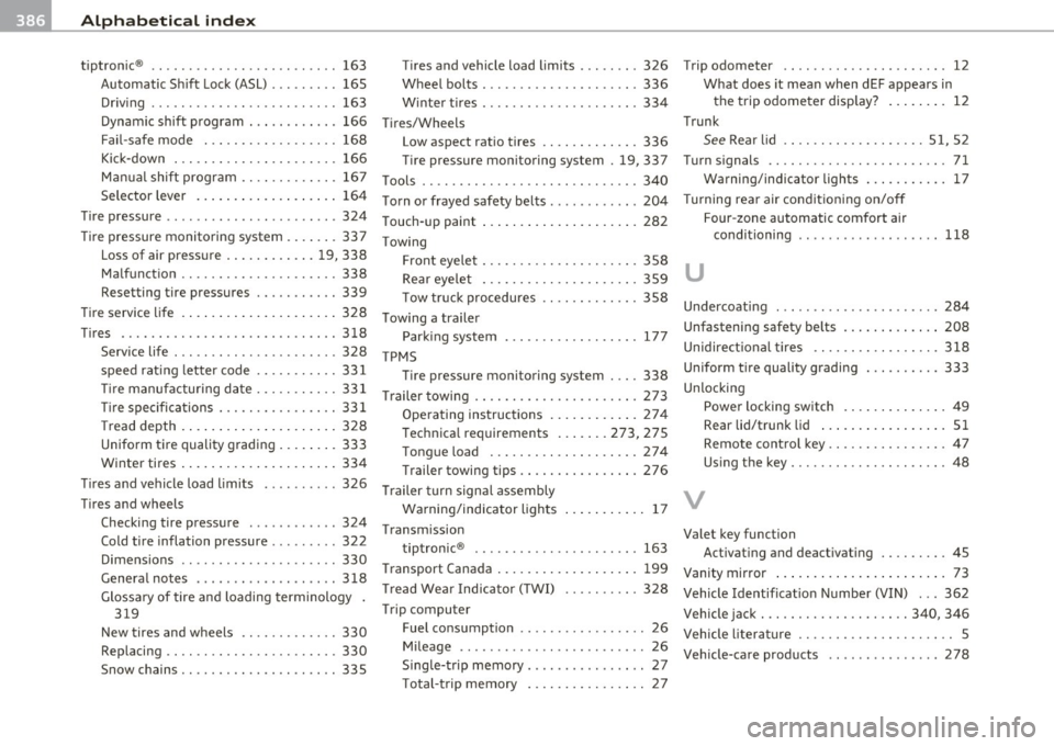 AUDI Q7 2011 Owner´s Manual ___ A_ l_. p_ h _ a_b_ e_ t_ic _a_ l_ in_ d_e _ x ____________________________________________ _
tiptronic ® . .... .... ..... ... .. ... . .. 163 T ires and vehicle load limits . .. .. .. . 32 AUDI Q7 2011 Owner´s Manual ___ A_ l_. p_ h _ a_b_ e_ t_ic _a_ l_ in_ d_e _ x ____________________________________________ _
tiptronic ® . .... .... ..... ... .. ... . .. 163 T ires and vehicle load limits . .. .. .. . 32