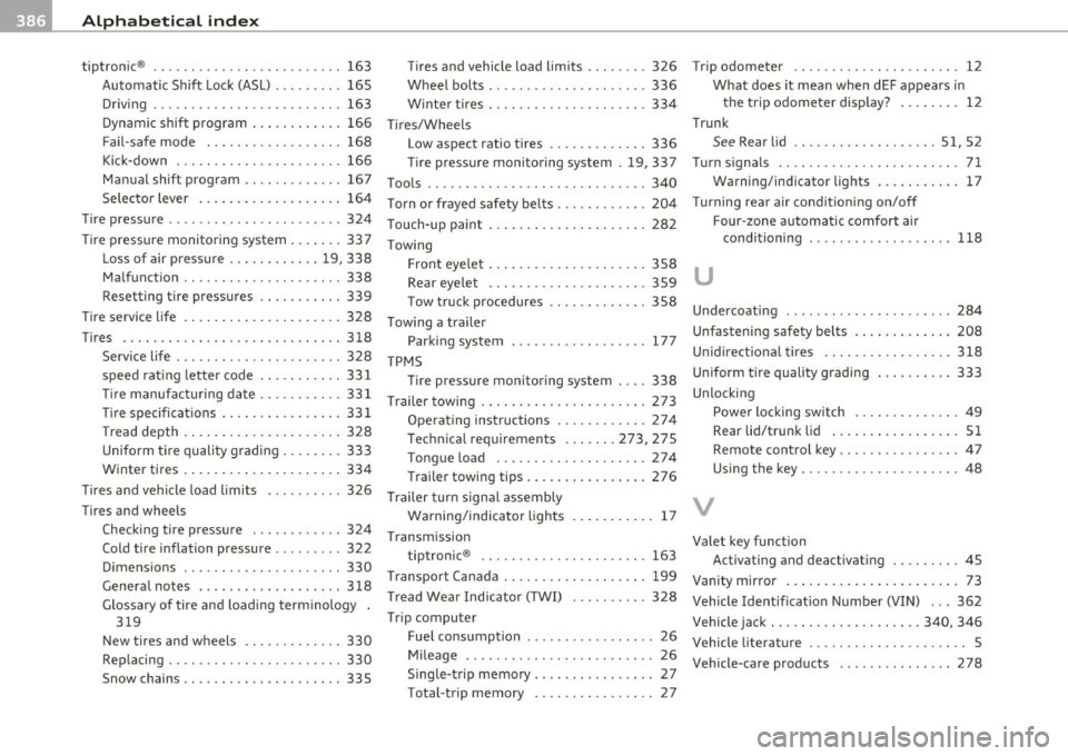 AUDI Q7 2011  Owner´s Manual ___ A_ l_. p_ h _ a_b_ e_ t_ic _a_ l_ in_ d_e _ x ____________________________________________  _ 
tiptronic ®  . .... .... ..... ... .. ... . .. 163 T ires and vehicle  load  limits  . .. .. .. . 32